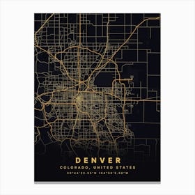 Denver Colorado USA Black And Gold Map Canvas Print