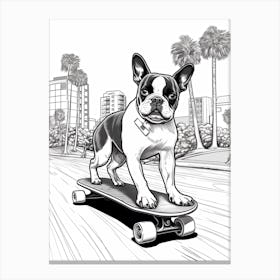 Boston Terrier Dog Skateboarding Line Art 1 Canvas Print