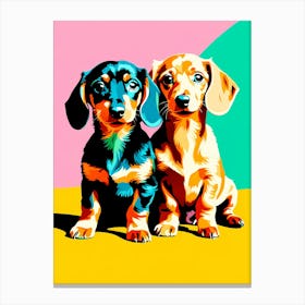 'Dachshund Pups', This Contemporary art brings POP Art and Flat Vector Art Together, Colorful Art, Animal Art, Home Decor, Kids Room Decor, Puppy Bank - 43rd Canvas Print