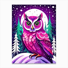 Pink Owl Snowy Landscape Painting (35) Canvas Print
