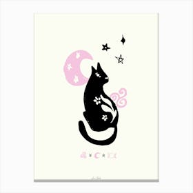 Magic Black Cat With Moon And Stars Pink Canvas Print