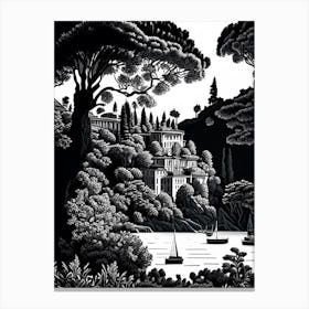 Isola Bella, 1, Italy Linocut Black And White Vintage Canvas Print
