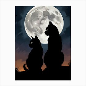 Silhouette Of Two Cats Under A Full Moon 3 Canvas Print