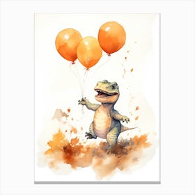 Dinosaur T Rex Flying With Autumn Fall Pumpkins And Balloons Watercolour Nursery 3 Canvas Print
