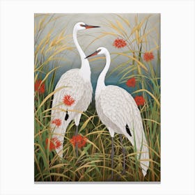 Cranes In Silver Grass 3 Vintage Japanese Botanical Canvas Print