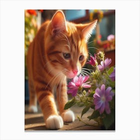 Cute Cat Sniffing Flowers Canvas Print