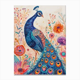 Watercolour Detailed Peacock With Wildflowers Canvas Print