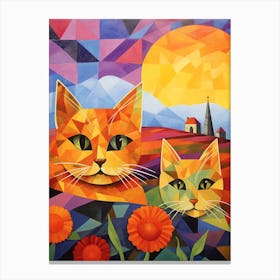 Two Abstract Portaits Of Cats With A Medieval Church In The Background Canvas Print