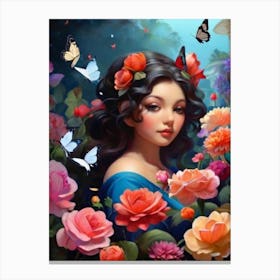 Girl With Butterflies And Roses Canvas Print