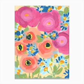 Pink Roses With Coral Anemones Canvas Print