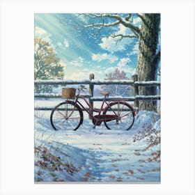 Anime Canvas Art: Serene Winter Scene with Vintage Bicycle and Falling Snow, Perfect for Lofi Aesthetic and Nature Lovers. Canvas Print