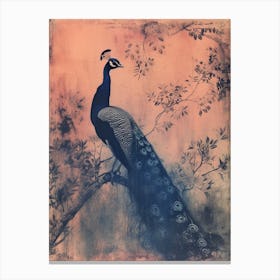 Pink & Blye Peacock In A Tree Cyanotype Inspired 2 Canvas Print