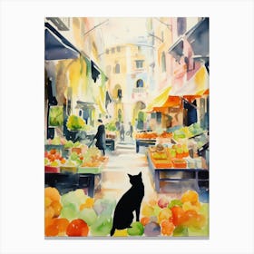 Food Market With Cats In Malaga 2 Watercolour Canvas Print