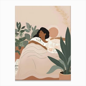 Woman Sleeping In Bed With Plants Canvas Print