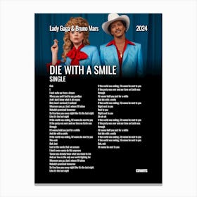 Die with a Smile - Lady Gaga & Bruno Mars - Lyrics Poster Canvas Print