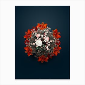 Vintage Ruga Rose Floral Wreath on Teal Blue n.0551 Canvas Print