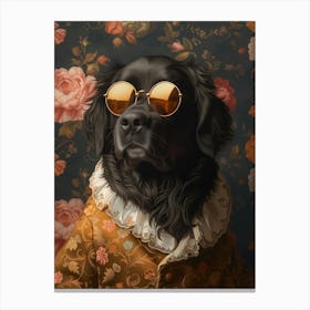 Highly Stylized And Anthropomorphized Portrayal Of A Newfoundland Dog, Human Like Qualities, Positioned In A Regal Pose Against A Floral Background, A Touch Of Elegance And Softness, Wearing Round, Ornate Su 1 Leinwandbild