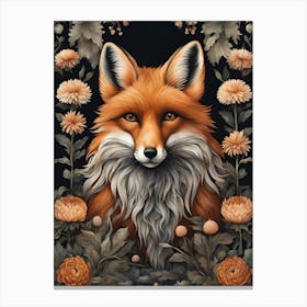 Fox And Chrysanthemums Canvas Print