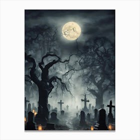 Scary Trees & Haunted Night Scene, Halloween Decor Canvas Print