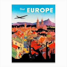 Airplane Over The City In Europe, Travel Poster Canvas Print