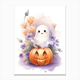 Cute Ghost With Pumpkins Halloween Watercolour 133 Canvas Print