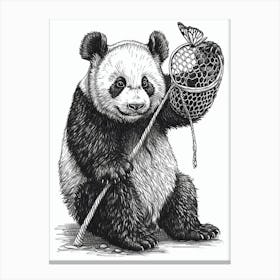 Giant Panda Cub Playing With A Butterfly Net Ink Illustration 4 Canvas Print