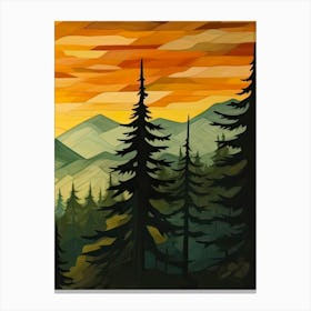 Green Sun Forest Mountain Painting Triptych 3 Canvas Print