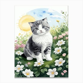 Cute Kitten And Flowers Watercolor 4 Canvas Print