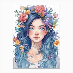 Blue Haired Girl With Flowers 1 Canvas Print