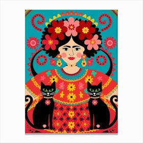 Mexican Lady With Cats Canvas Print