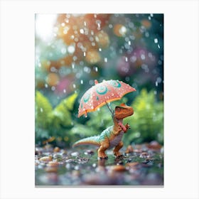 Toy Dinosaur Walking Through The Rain With An Umbrella 2 Canvas Print
