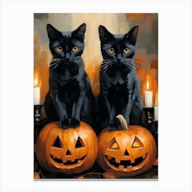 Black Cats On Pumpkins Canvas Print