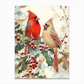 Cardinals On Holly Canvas Print