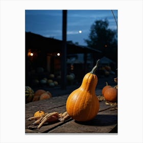 A Gourd Carefully Resting On A Weathered Wooden Table Settingfootprint In The Cement Market Under (6) Canvas Print