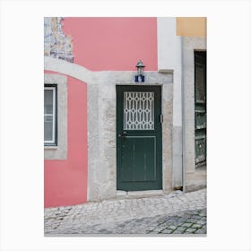 Lisbon Alfama Art Pink Facade & Green Door Canvas Print
