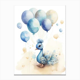 Baby Peacock Flying With Ballons, Watercolour Nursery Art 3 Canvas Print