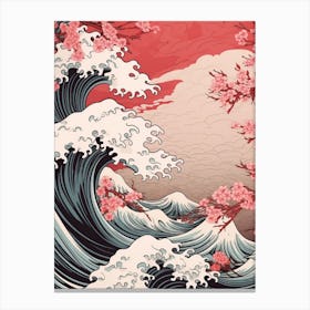 Great Wave With Cherry Blossom Flower Drawing In The Style Of Ukiyo E 2 Canvas Print
