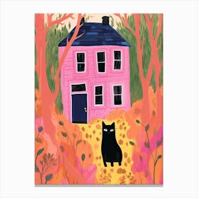Black Cat And Pink House Canvas Print