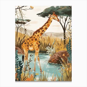 Giraffe In The Water Hole Modern Illustration 2 Canvas Print