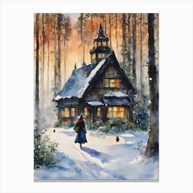 The Return Home ~ A Witch Return to Her Beautiful Witches Cottage after a Winters Walk in the Woods, Witchy art, yule art, pagan art, witchcraft watercolor fairytale scene, cottagecore, witchcore, wheel of the year, kitchen witch, green witch Canvas Print
