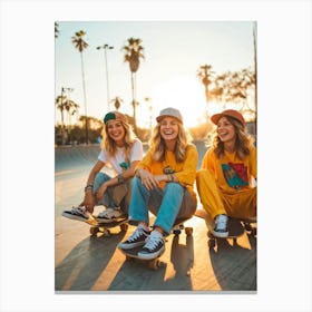 A Joyous Group Of Three Caucasian Female Skateboarders Hipster In Style Smiling Radiantly Sitting (5) Canvas Print