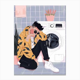 Man Sitting Next To A Washing Machine Canvas Print