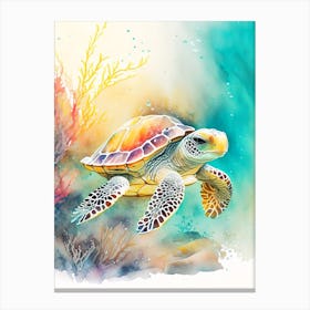 A Single Sea Turtle In Coral Reef, Sea Turtle Storybook Watercolours 2 Canvas Print