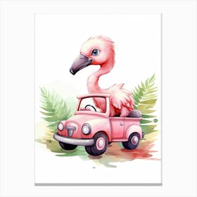 Baby Flamingo On Toy Car, Watercolour Nursery 0 Canvas Print