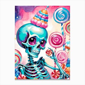 Cute Skeleton Candy Halloween Painting (2) Canvas Print
