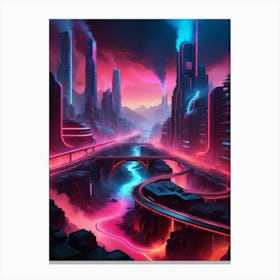 Cyberpunk industrial city with lava and river 7 Canvas Print