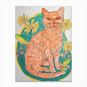 Cute Orange Cat With Flowers Illustration 1 Canvas Print