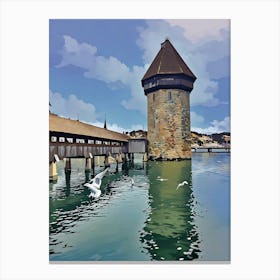 Chapel Bridge and Water Tower, Lucerne. An iconic view of Lucerne's Chapel Bridge and Water Tower, reflecting in the pristine Reuss River. The medieval structure, surrounded by calm waters and lively seagulls, showcases the city’s historical charm under a bright sky. 1 Canvas Print