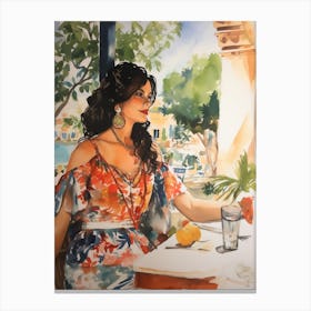 At A Cafe In Ibiza Spain Watercolour Canvas Print