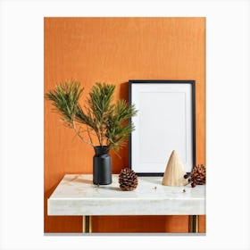 Autumnal Still Life Featuring A Cone A Framed Cotton Acorn And Pine Leaves On A Minimalistic Table (7) Canvas Print